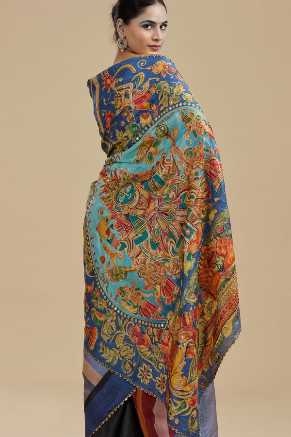 Indigo Blue Printed Tussar Silk Saree with Unstitched Blouse