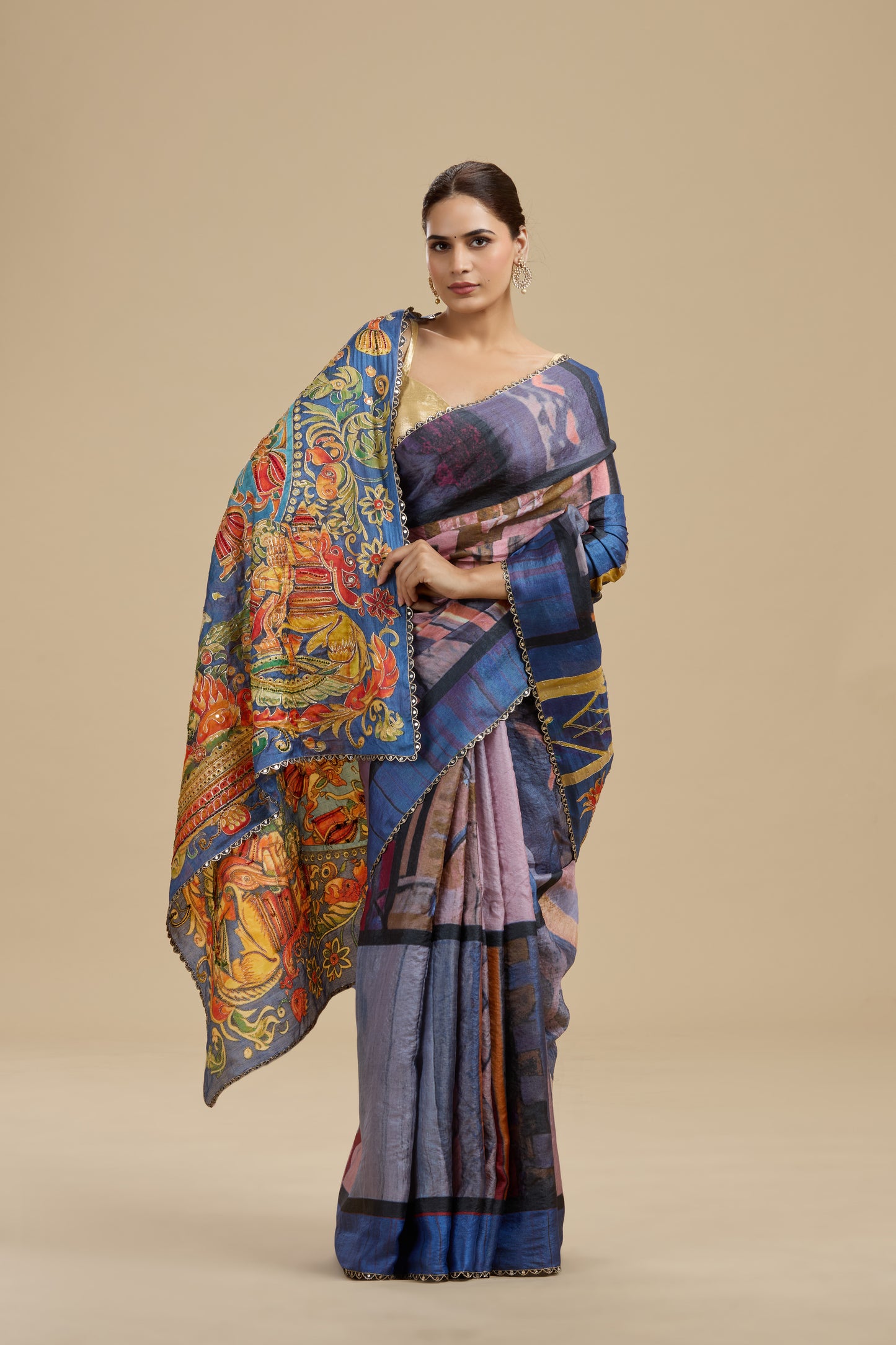 Indigo Blue Printed Tussar Silk Saree with Unstitched Blouse