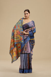 Indigo Blue Printed Tussar Silk Saree with Unstitched Blouse