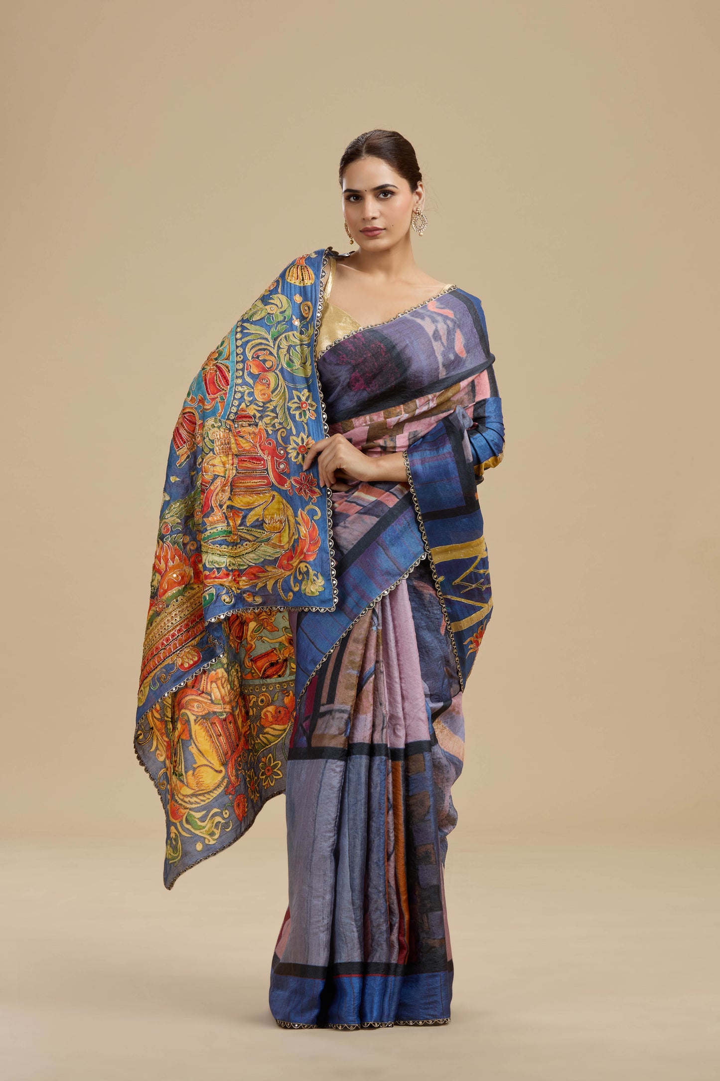 Indigo Blue Printed Tussar Silk Saree with Unstitched Blouse