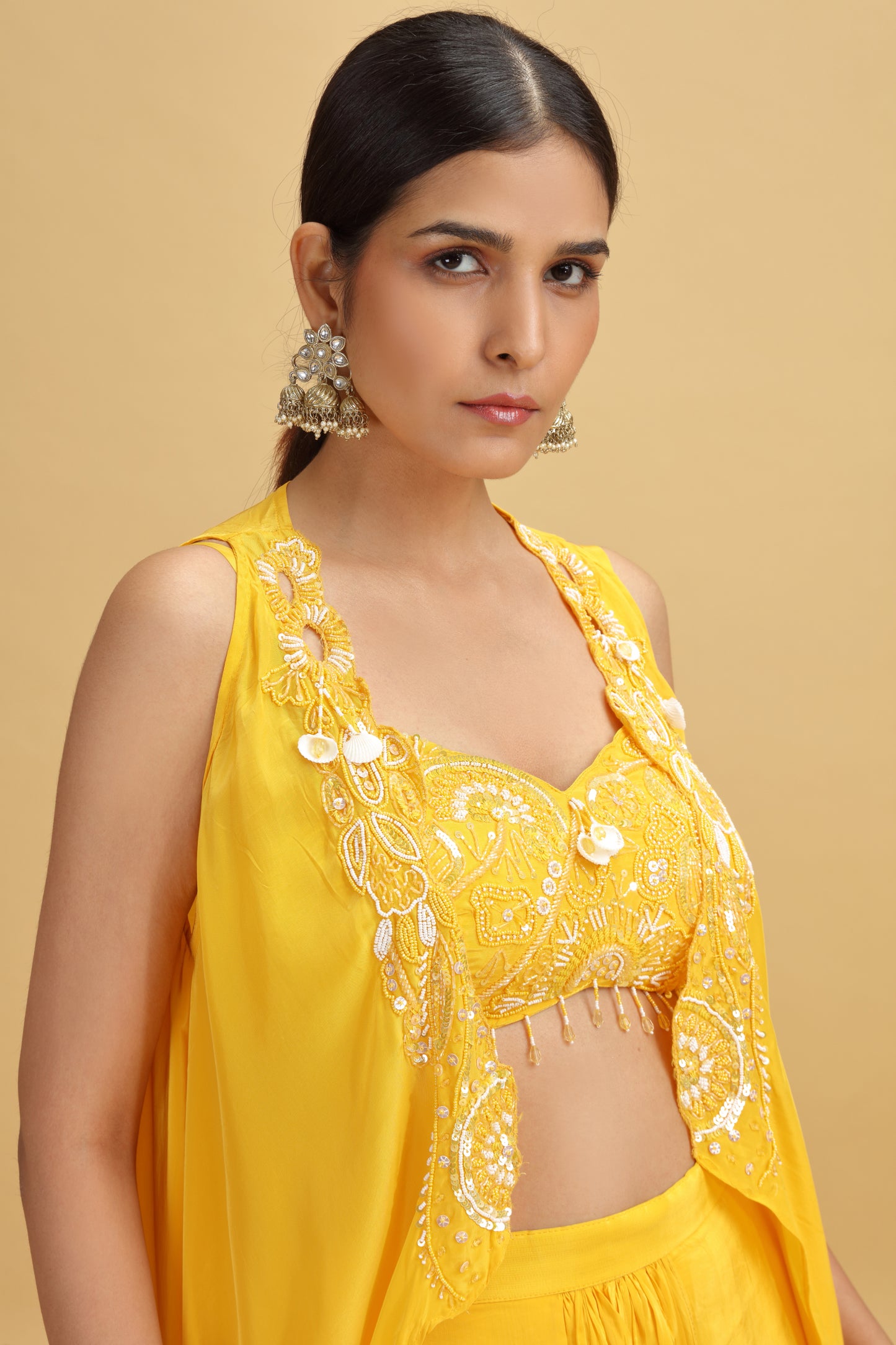 Yellow Crepe Suit Set with Kundan, Moti & Sequins Work