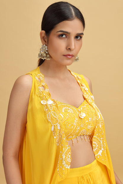 Yellow Crepe Suit Set with Kundan, Moti & Sequins Work