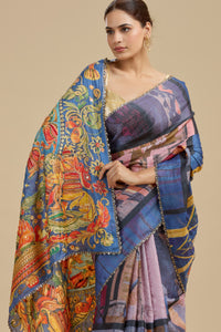 Indigo Blue Printed Tussar Silk Saree with Unstitched Blouse