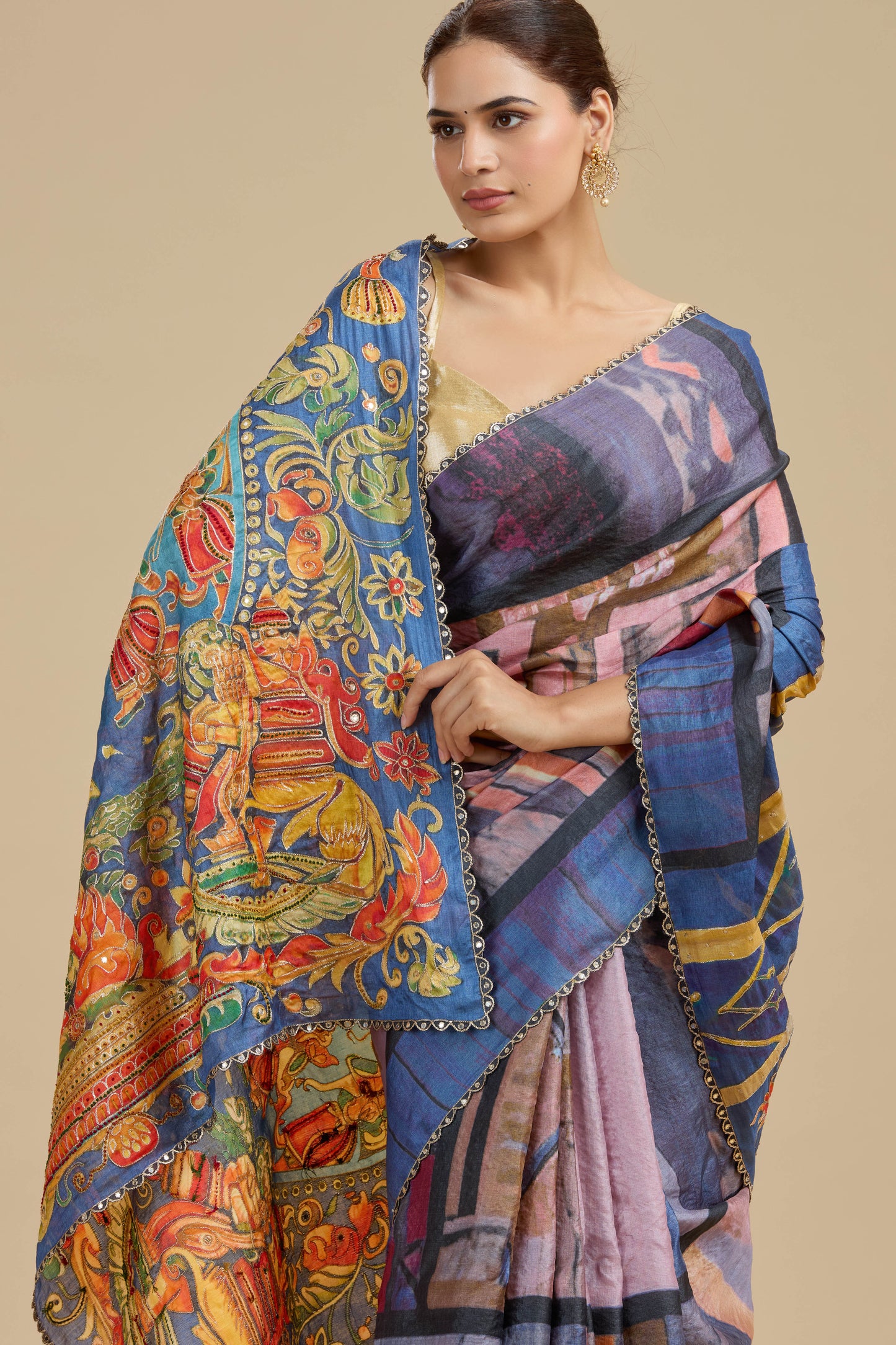 Indigo Blue Printed Tussar Silk Saree with Unstitched Blouse