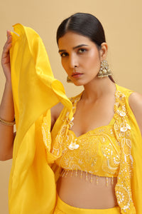 Woman wearing a yellow embroidered Crepe Suit with a beige background