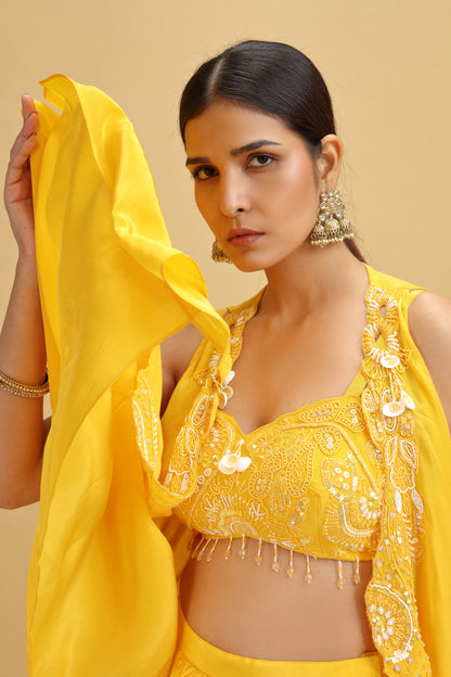 Yellow Crepe Suit Set with Kundan, Moti & Sequins Work