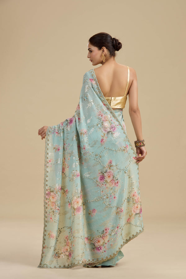 Light Blue Embellished Georgette Saree with Unstitched Blouse