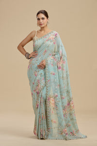 Light Blue Embellished Georgette Saree with Unstitched Blouse