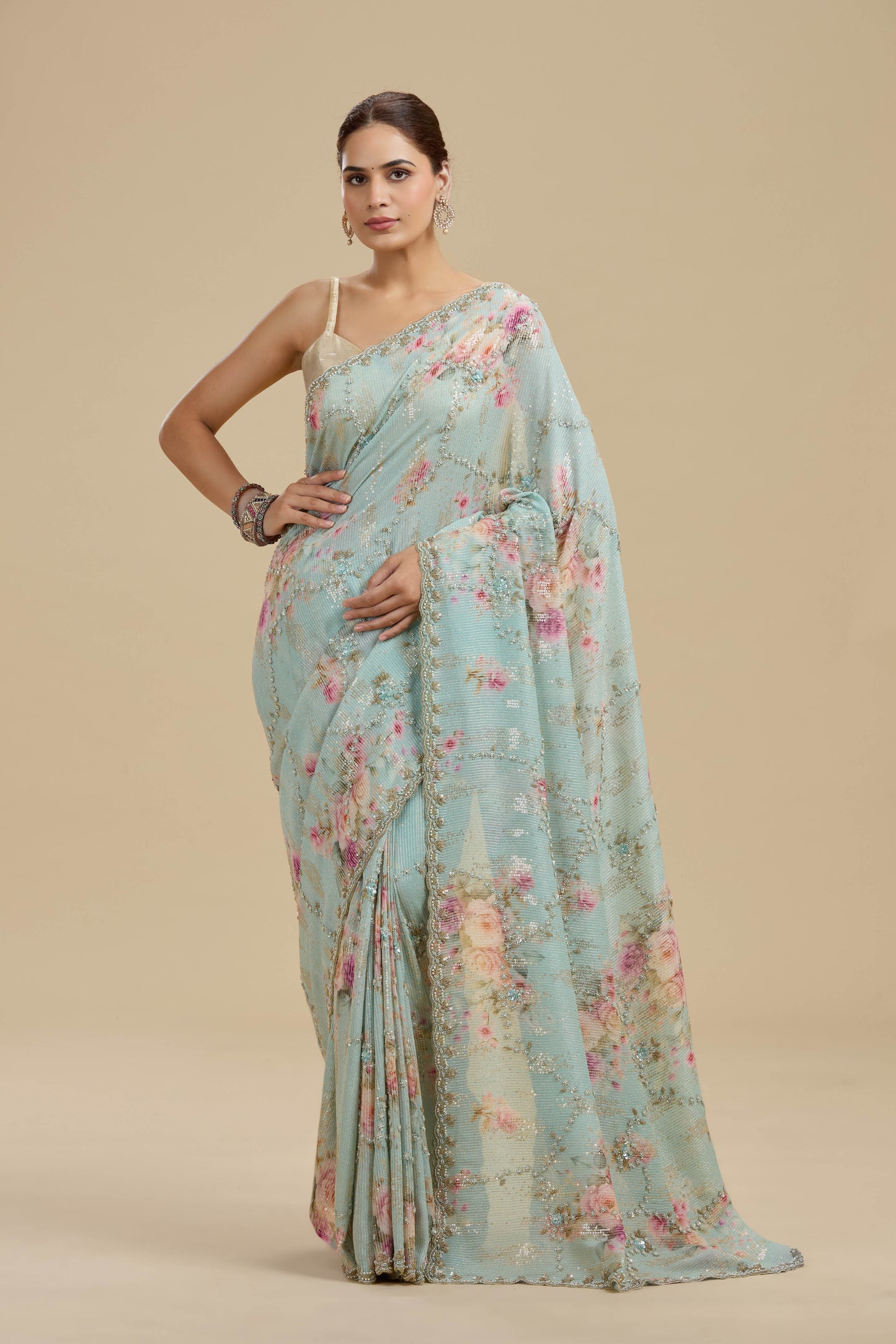 Light Blue Embellished Georgette Saree with Unstitched Blouse