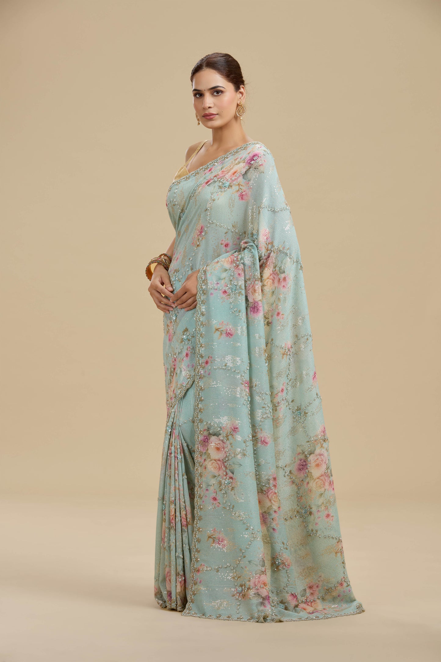 Light Blue Embellished Georgette Saree with Unstitched Blouse