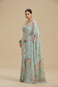 Light Blue Embellished Georgette Saree with Unstitched Blouse