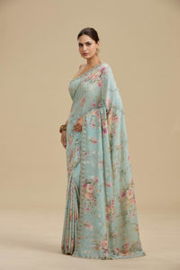 Light Blue Embellished Georgette Saree with Unstitched Blouse