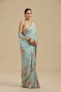 Light Blue Embellished Georgette Saree with Unstitched Blouse