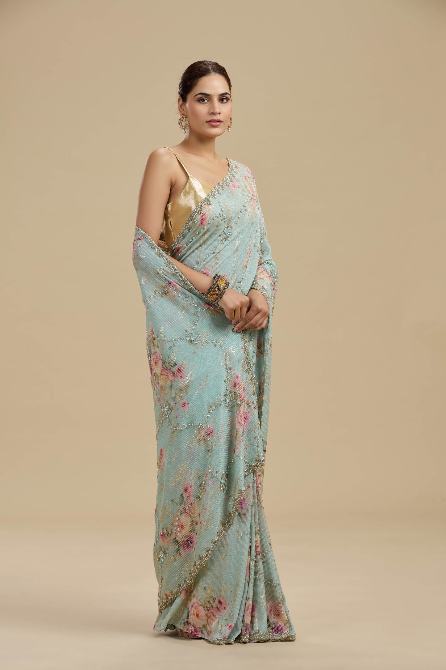 Light Blue Embellished Georgette Saree with Unstitched Blouse