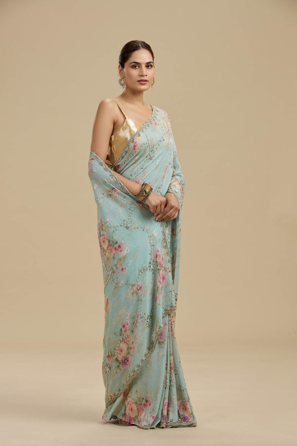 Light Blue Embellished Georgette Saree with Unstitched Blouse