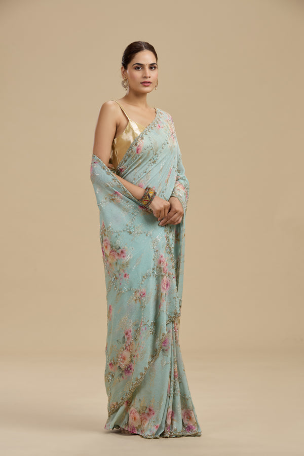 Light Blue Embellished Georgette Saree with Unstitched Blouse