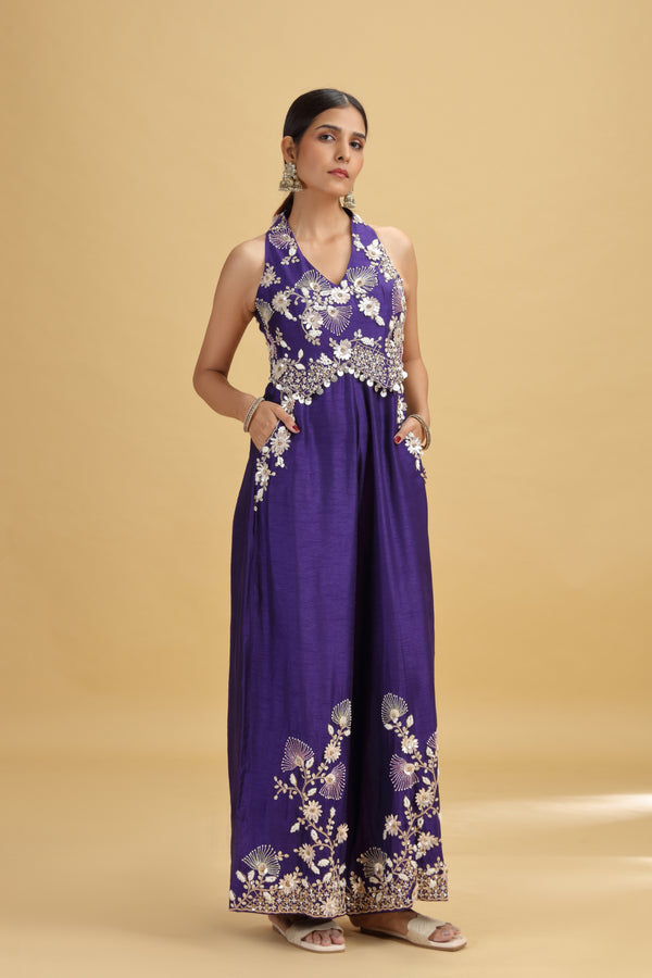 Purple Raw Silk Salwar Kameez Set with Moti, Sequins & French Knots