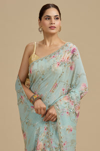 Light Blue Embellished Georgette Saree with Unstitched Blouse