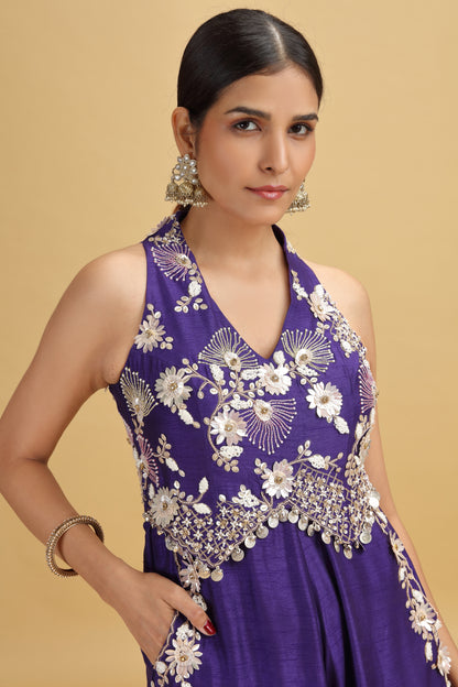 Purple Raw Silk Salwar Kameez Set with Moti, Sequins & French Knots