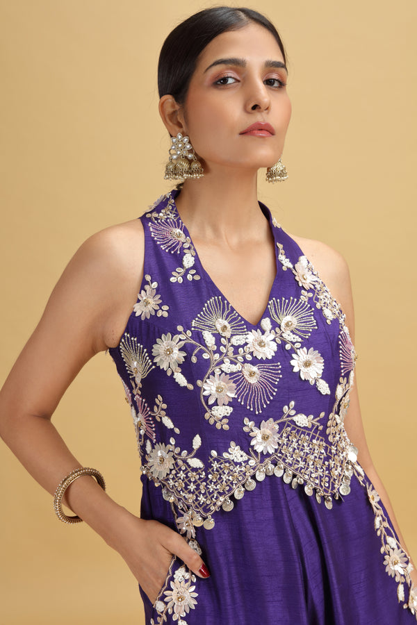 Purple Raw Silk Salwar Kameez Set with Moti, Sequins & French Knots