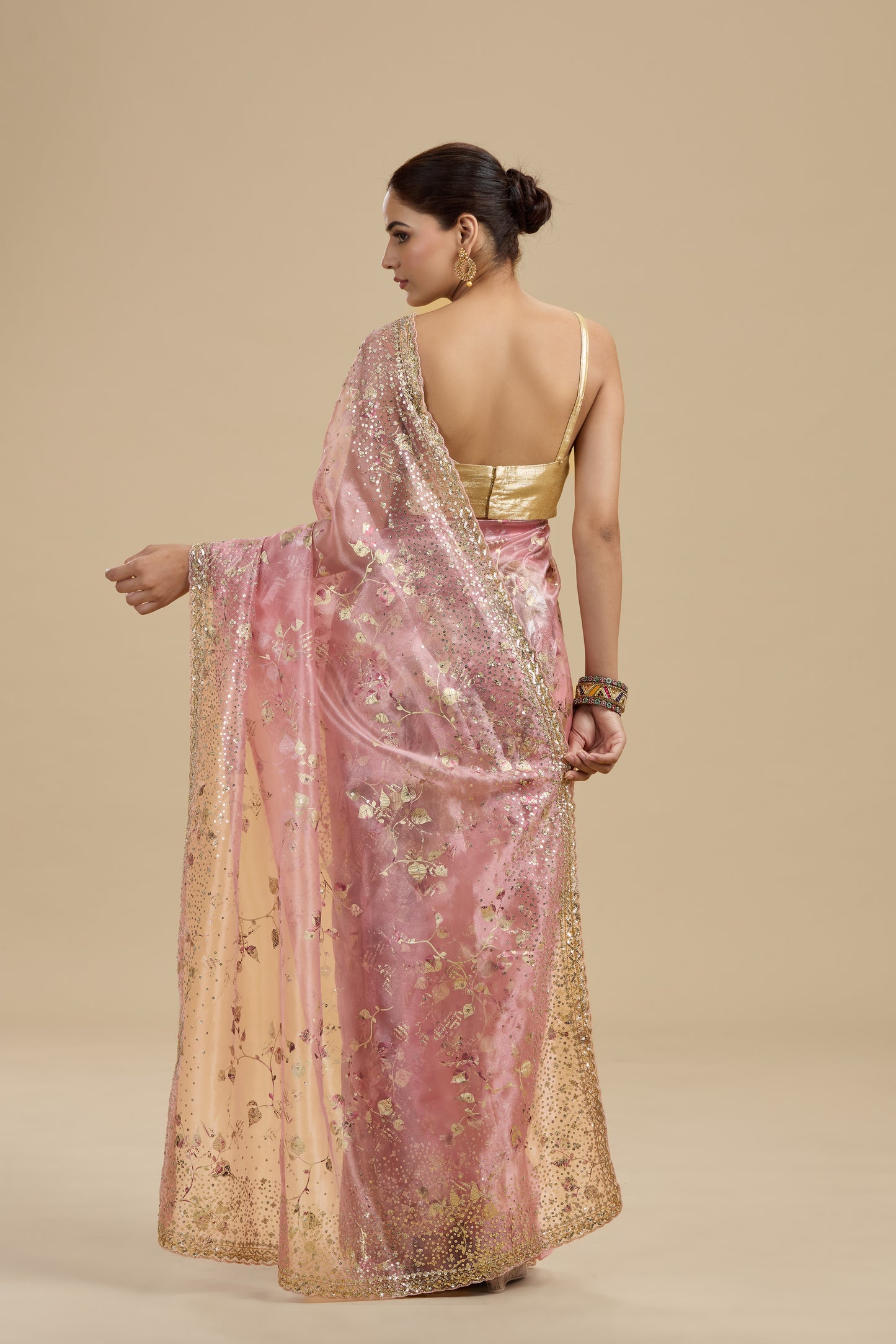 Pink Gold Foil Printed Tissue Organza Saree with Unstitched Blouse