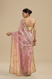 Pink Gold Foil Printed Tissue Organza Saree with Unstitched Blouse
