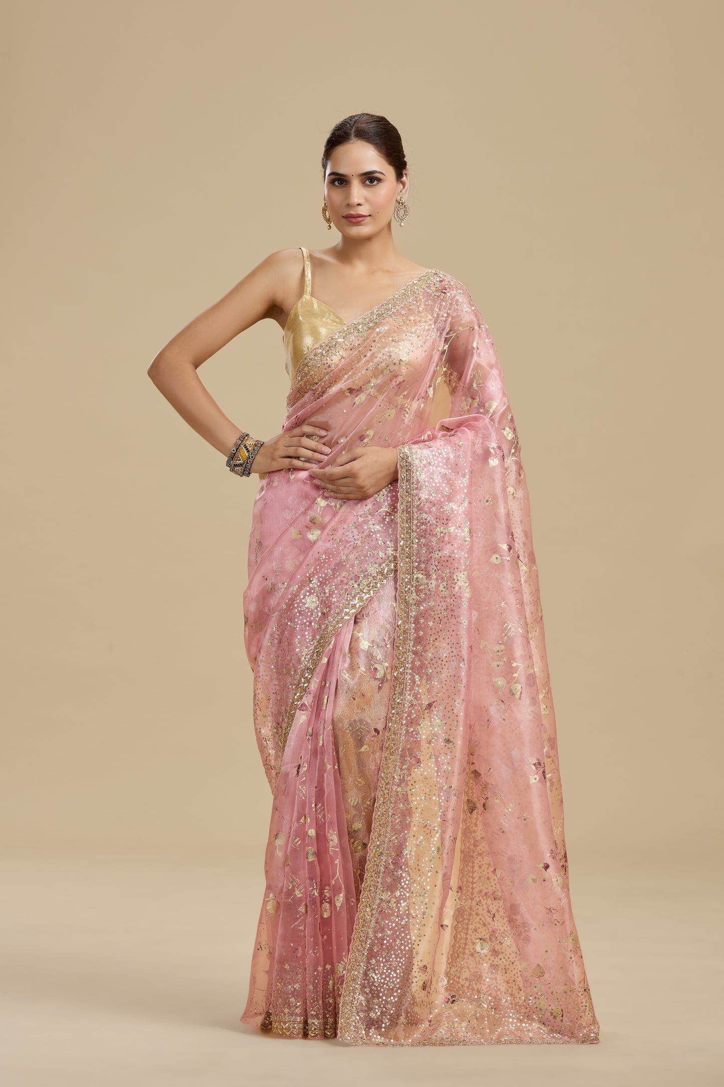 Pink Gold Foil Printed Tissue Organza Saree with Unstitched Blouse