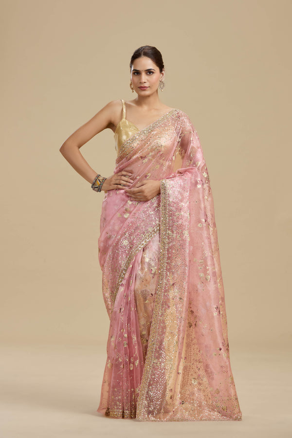Pink Gold Foil Printed Tissue Organza Saree with Unstitched Blouse