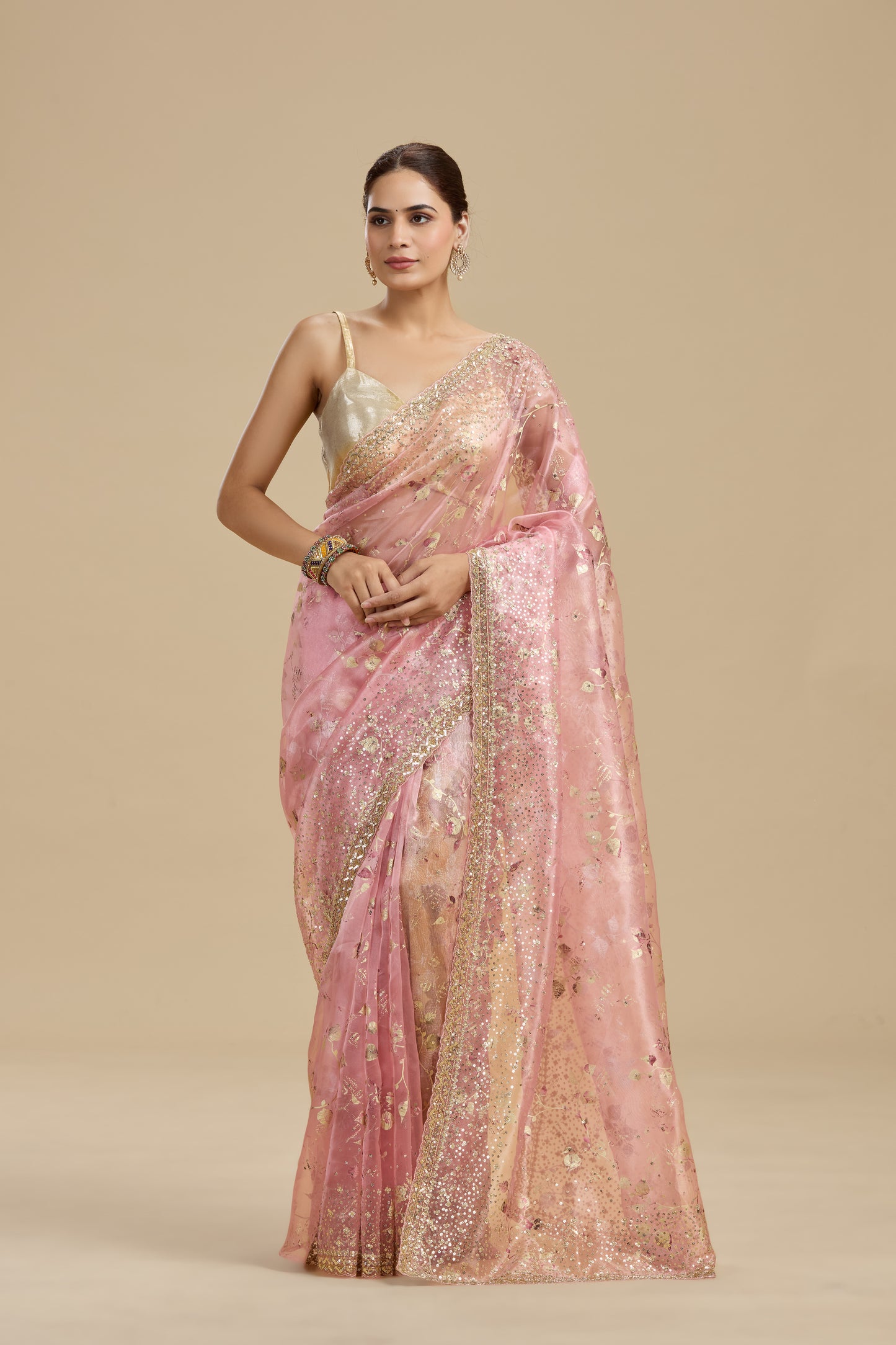 Pink Gold Foil Printed Tissue Organza Saree with Unstitched Blouse
