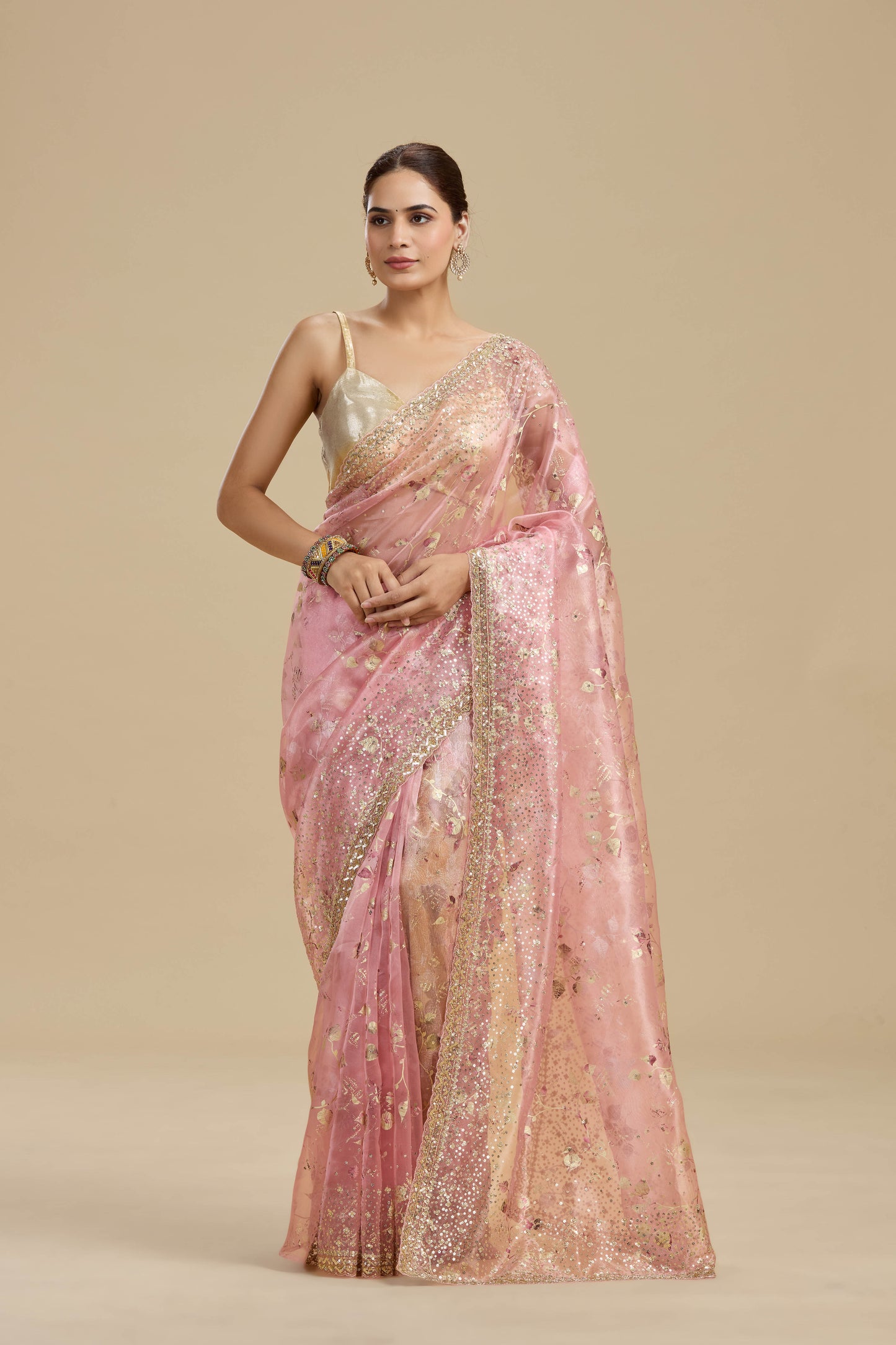 Pink Gold Foil Printed Tissue Organza Saree with Unstitched Blouse