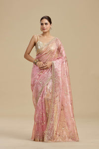 Pink Gold Foil Printed Tissue Organza Saree with Unstitched Blouse