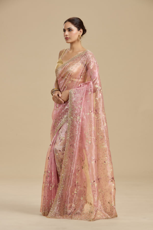 Pink Gold Foil Printed Tissue Organza Saree with Unstitched Blouse