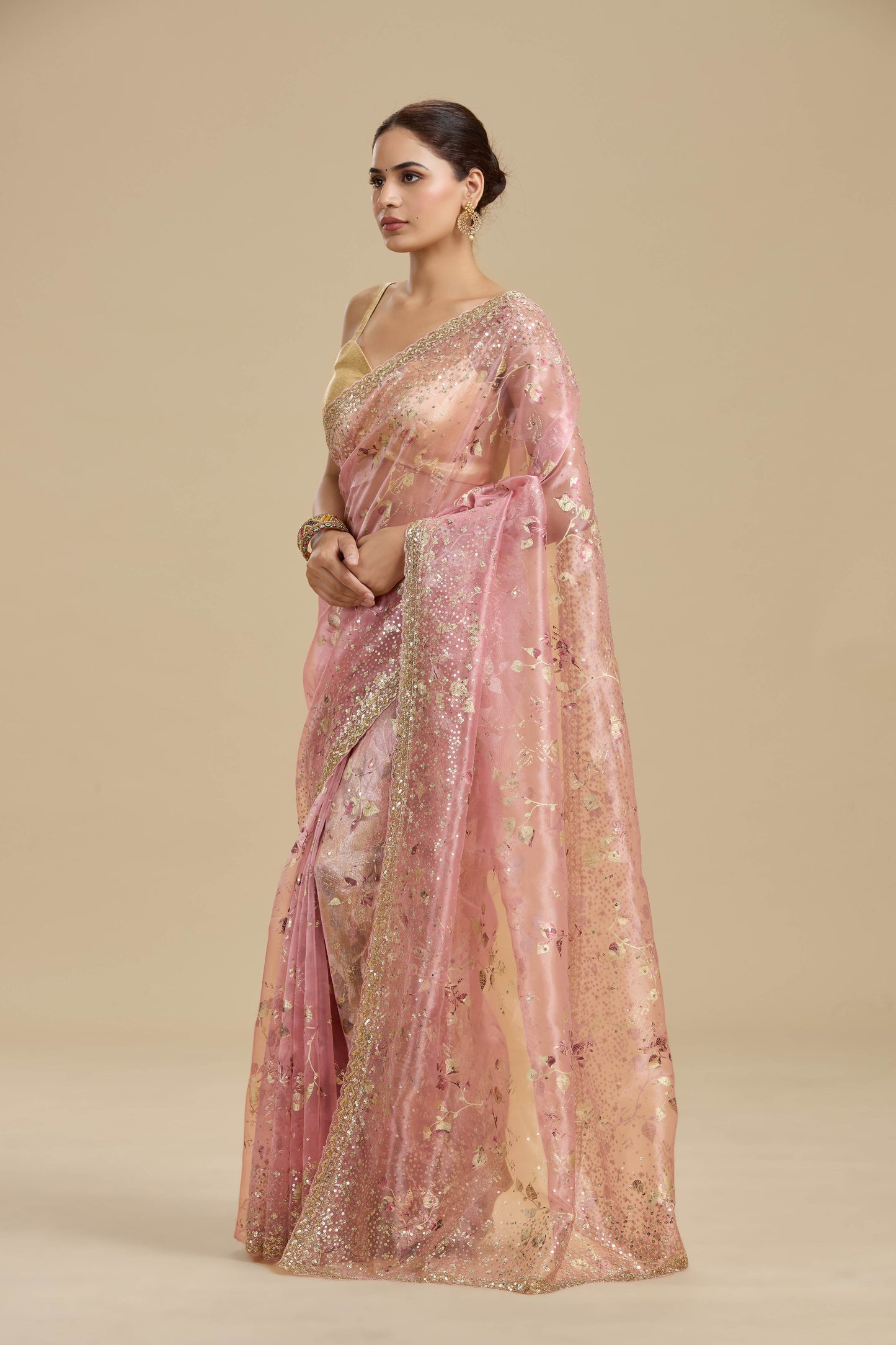 Pink Gold Foil Printed Tissue Organza Saree with Unstitched Blouse