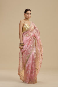 Pink Gold Foil Printed Tissue Organza Saree with Unstitched Blouse