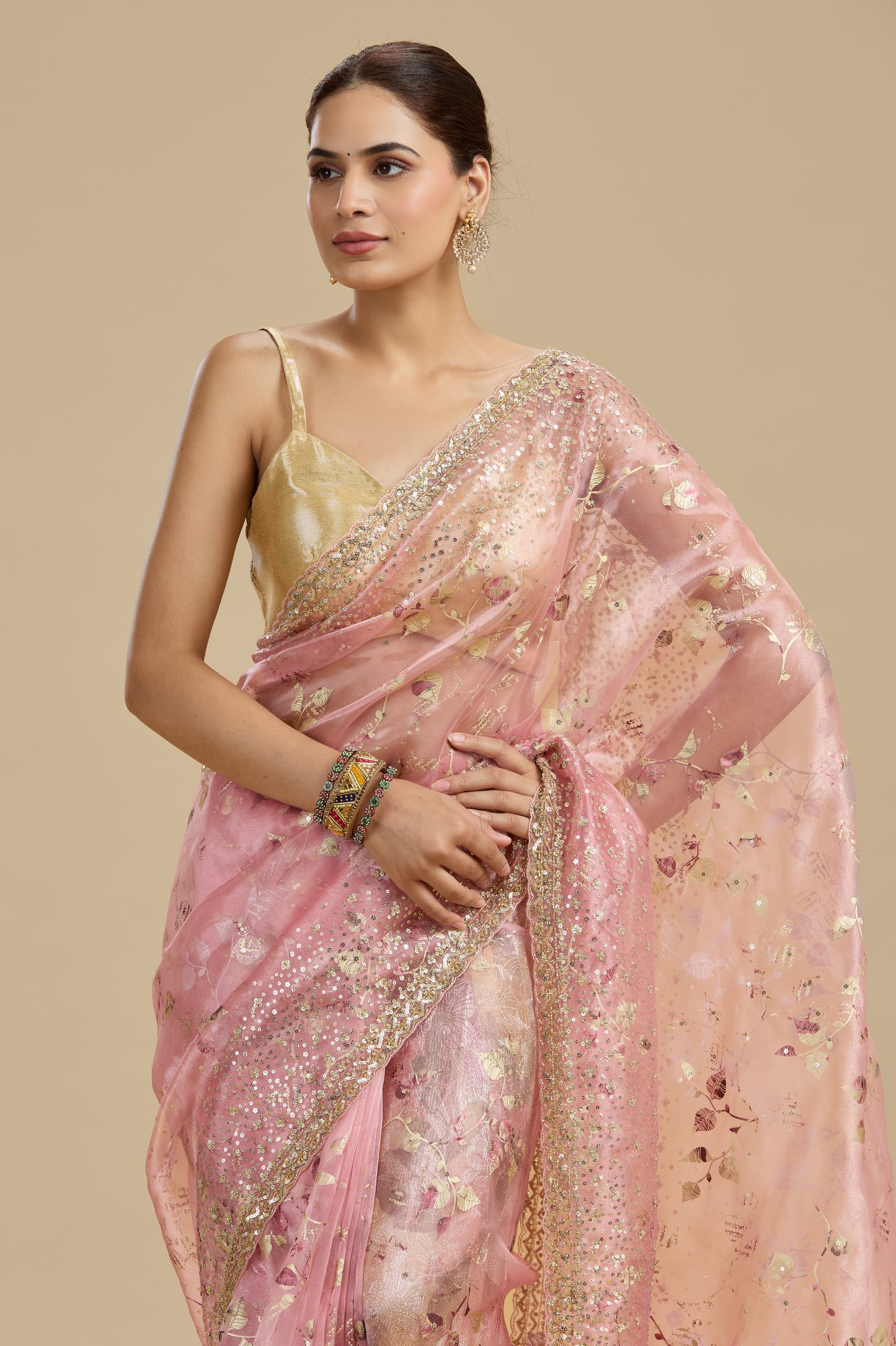 Pink Gold Foil Printed Tissue Organza Saree with Unstitched Blouse