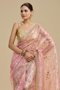 Pink Gold Foil Printed Tissue Organza Saree with Unstitched Blouse
