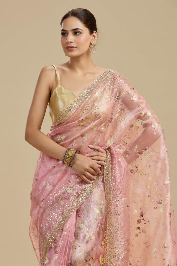 Pink Gold Foil Printed Tissue Organza Saree with Unstitched Blouse