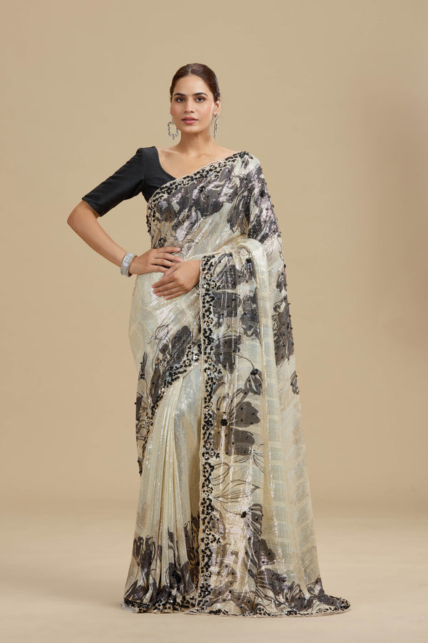 Beige Printed Georgette Saree with Unstitched Blouse