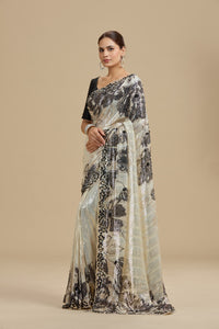 Beige Printed Georgette Saree with Unstitched Blouse
