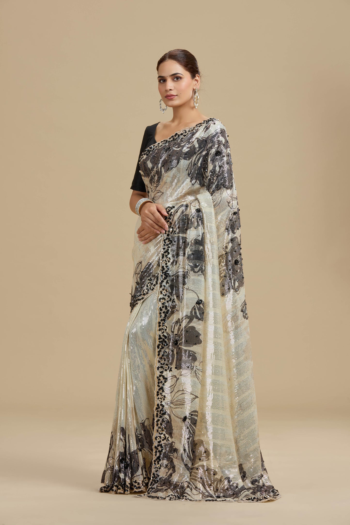 Beige Printed Georgette Saree with Unstitched Blouse