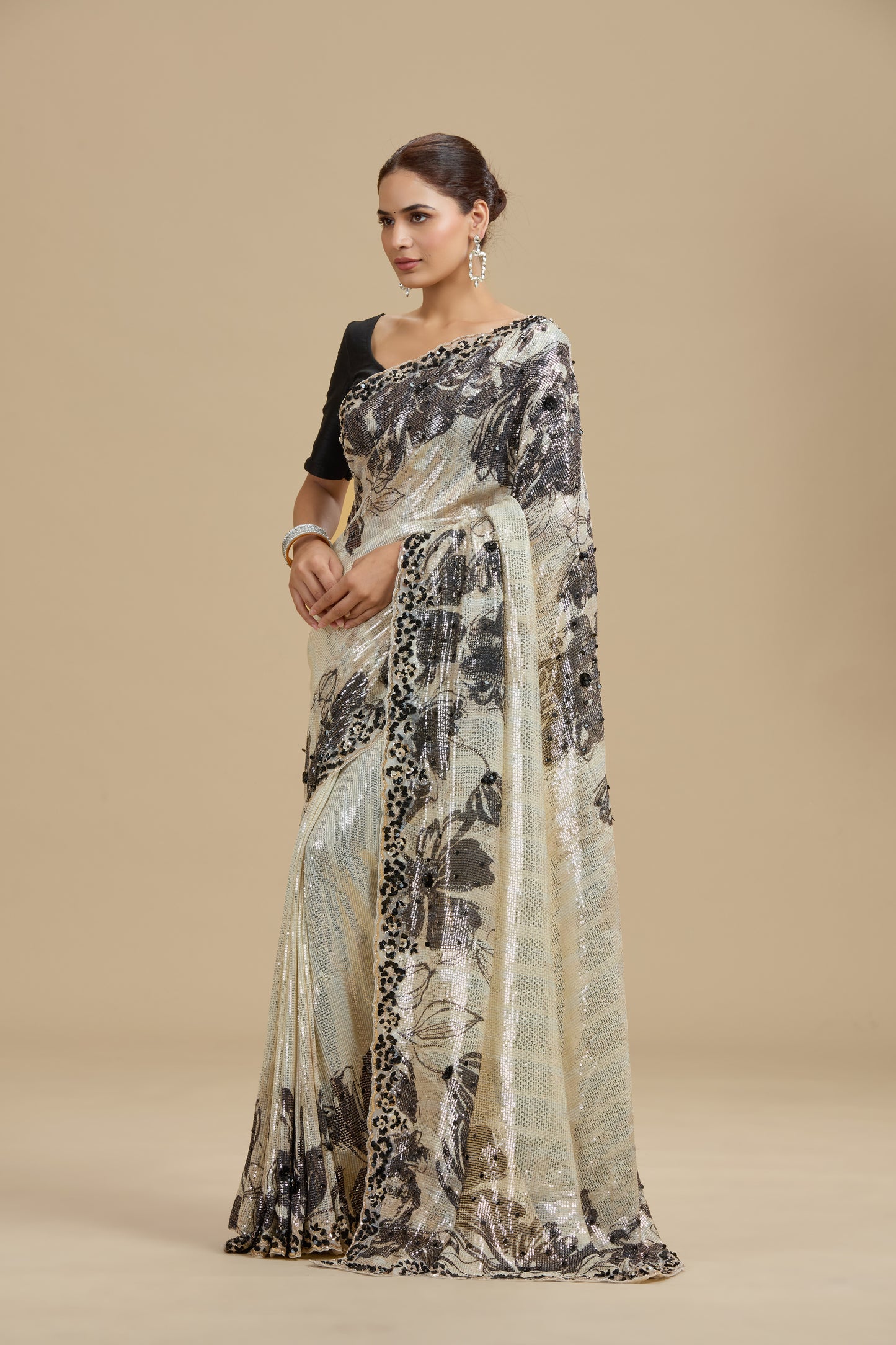 Beige Printed Georgette Saree with Unstitched Blouse
