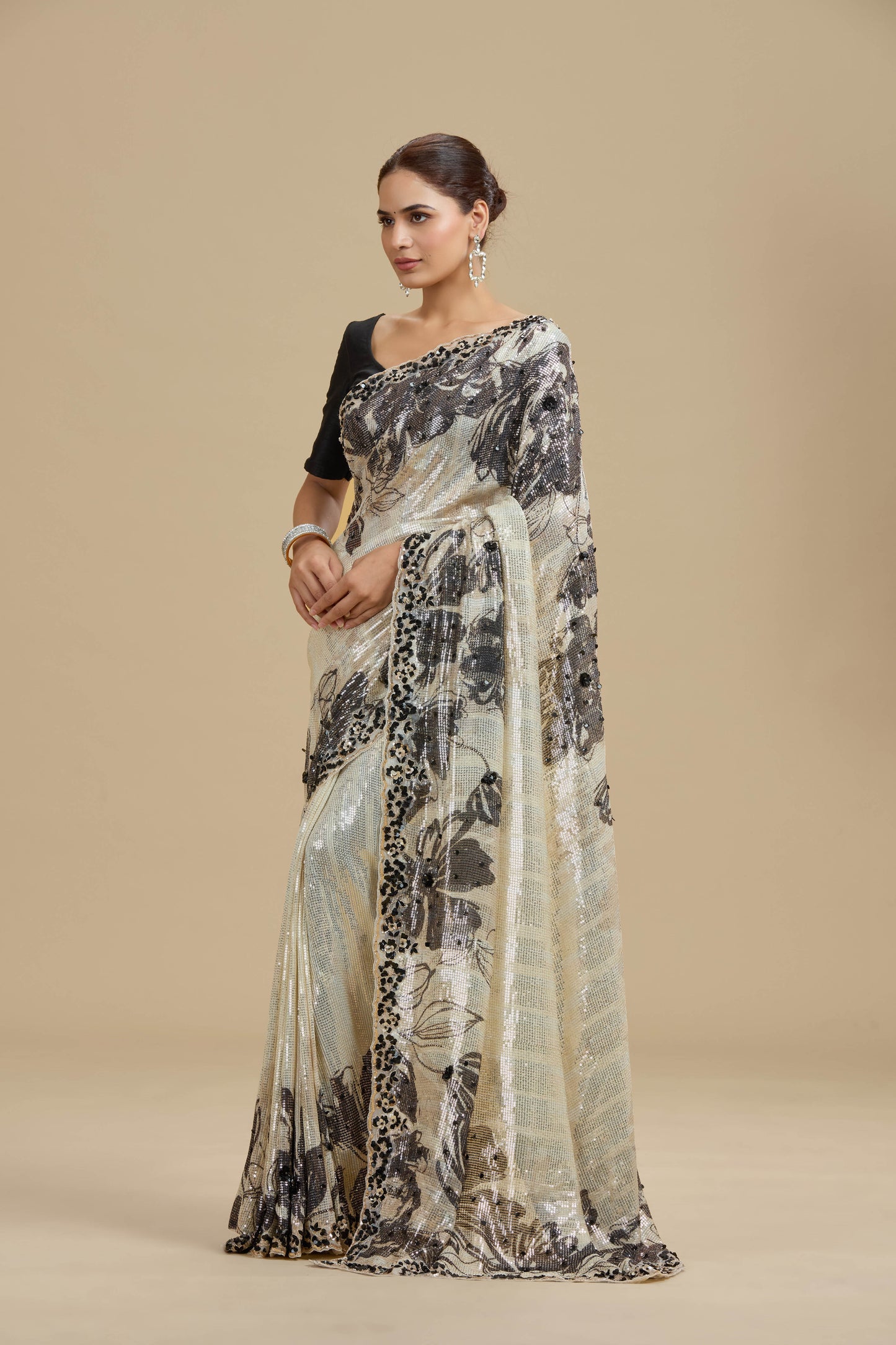 Beige Printed Georgette Saree with Unstitched Blouse