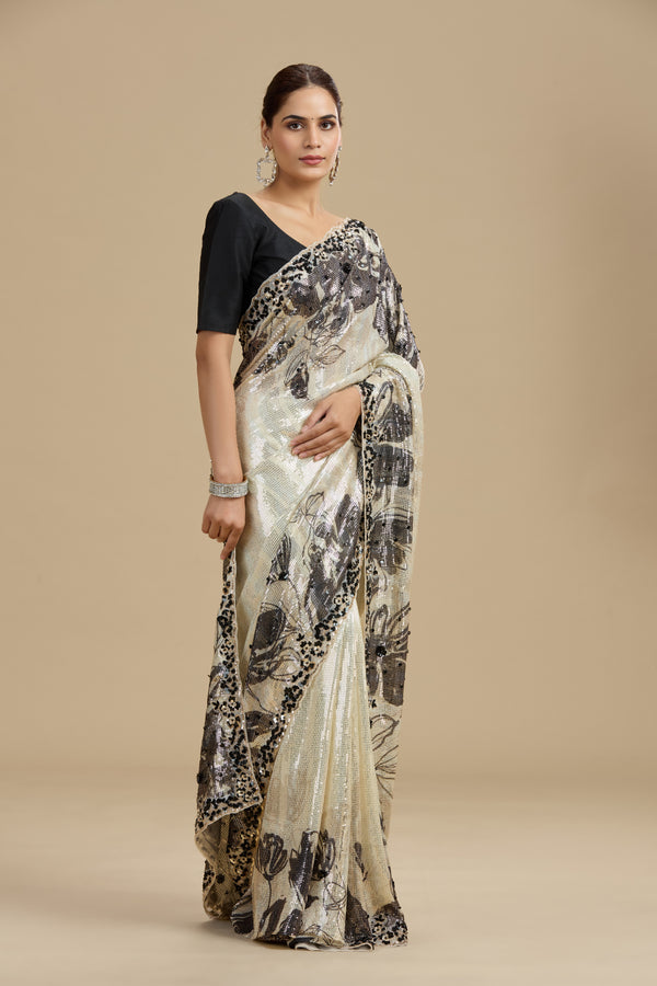 Beige Printed Georgette Saree with Unstitched Blouse