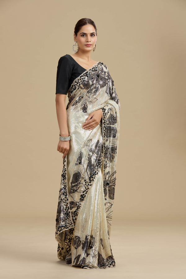 Beige Printed Georgette Saree with Unstitched Blouse