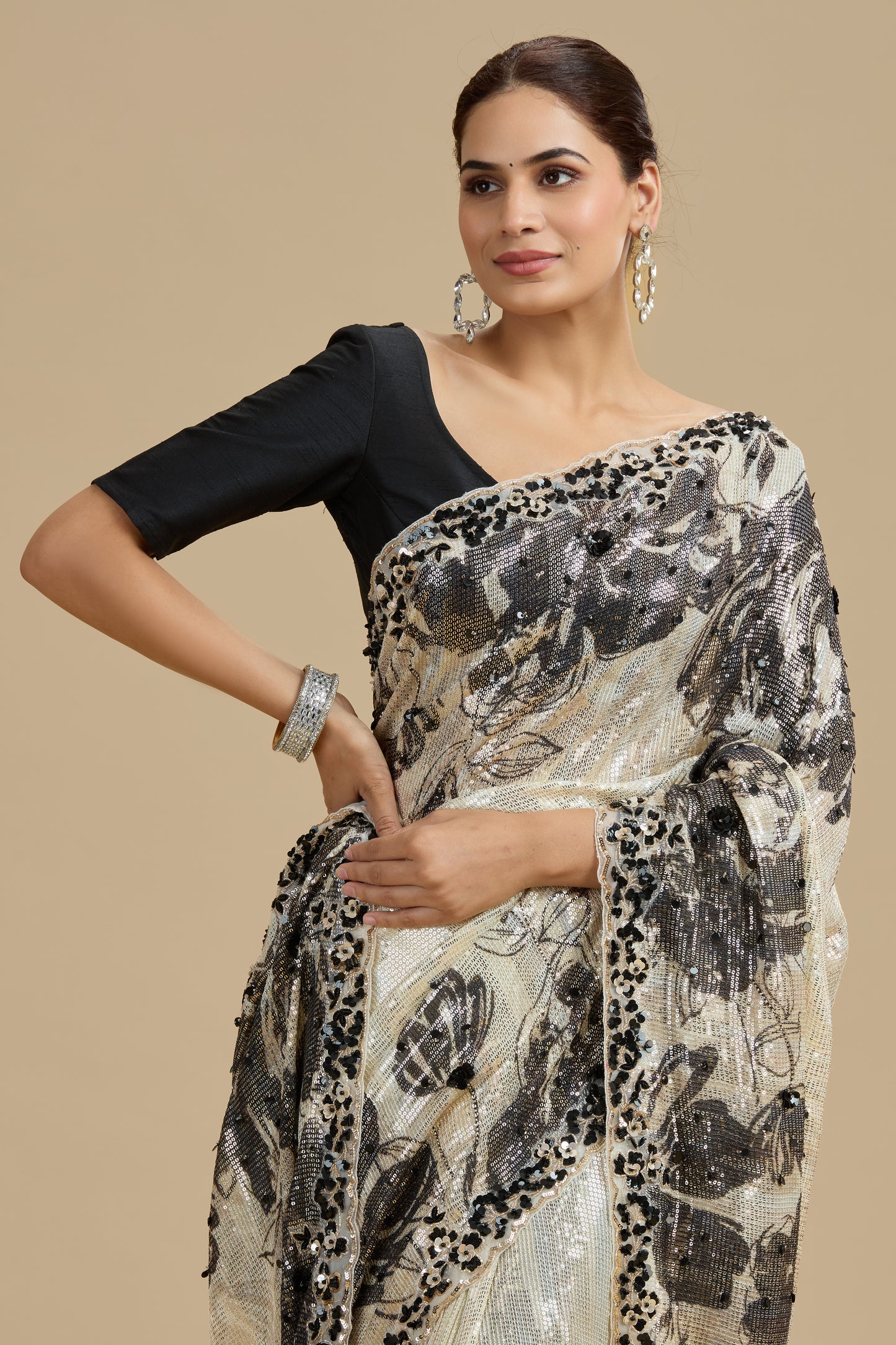 Beige Printed Georgette Saree with Unstitched Blouse