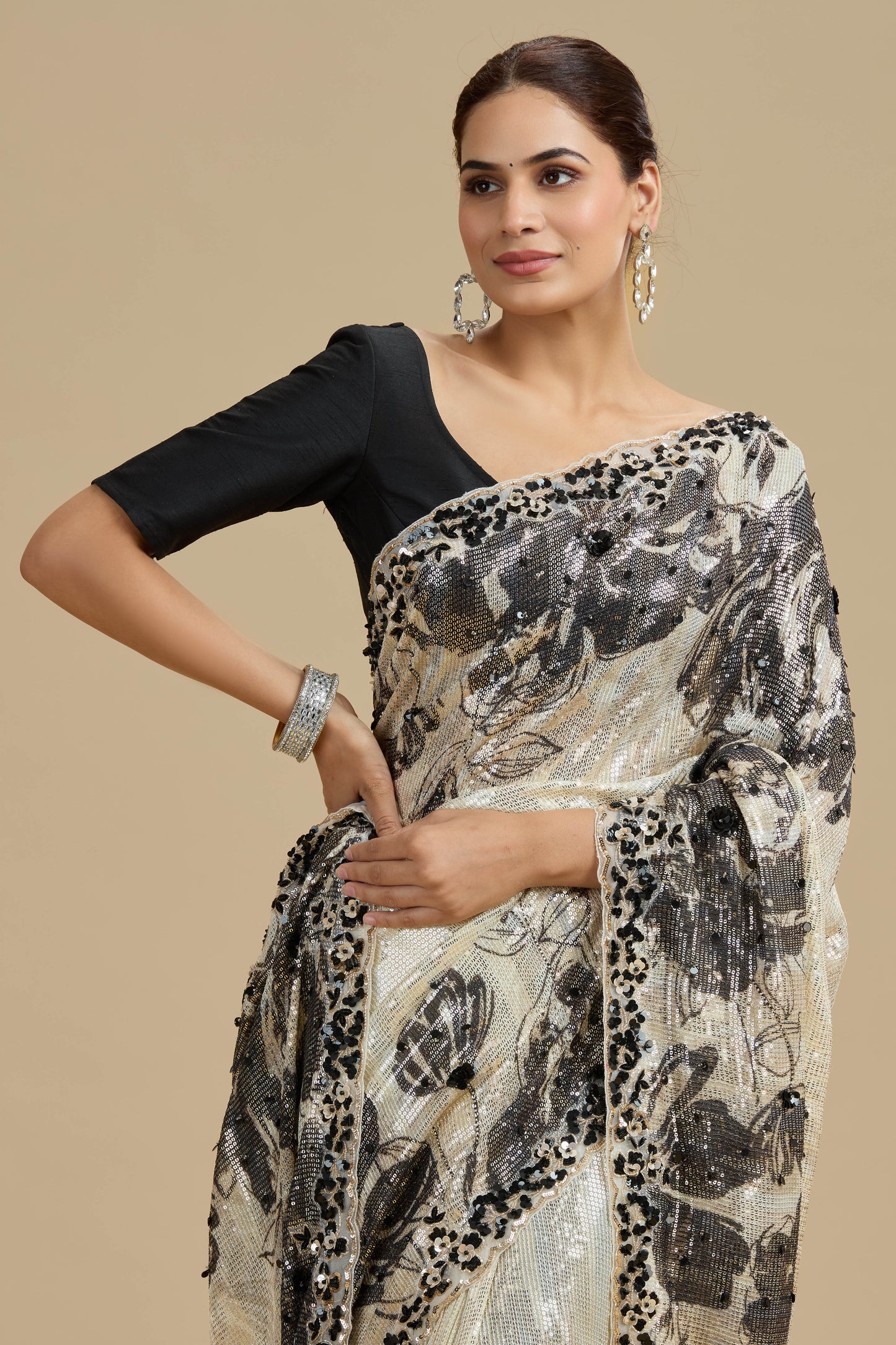 Beige Printed Georgette Saree with Unstitched Blouse