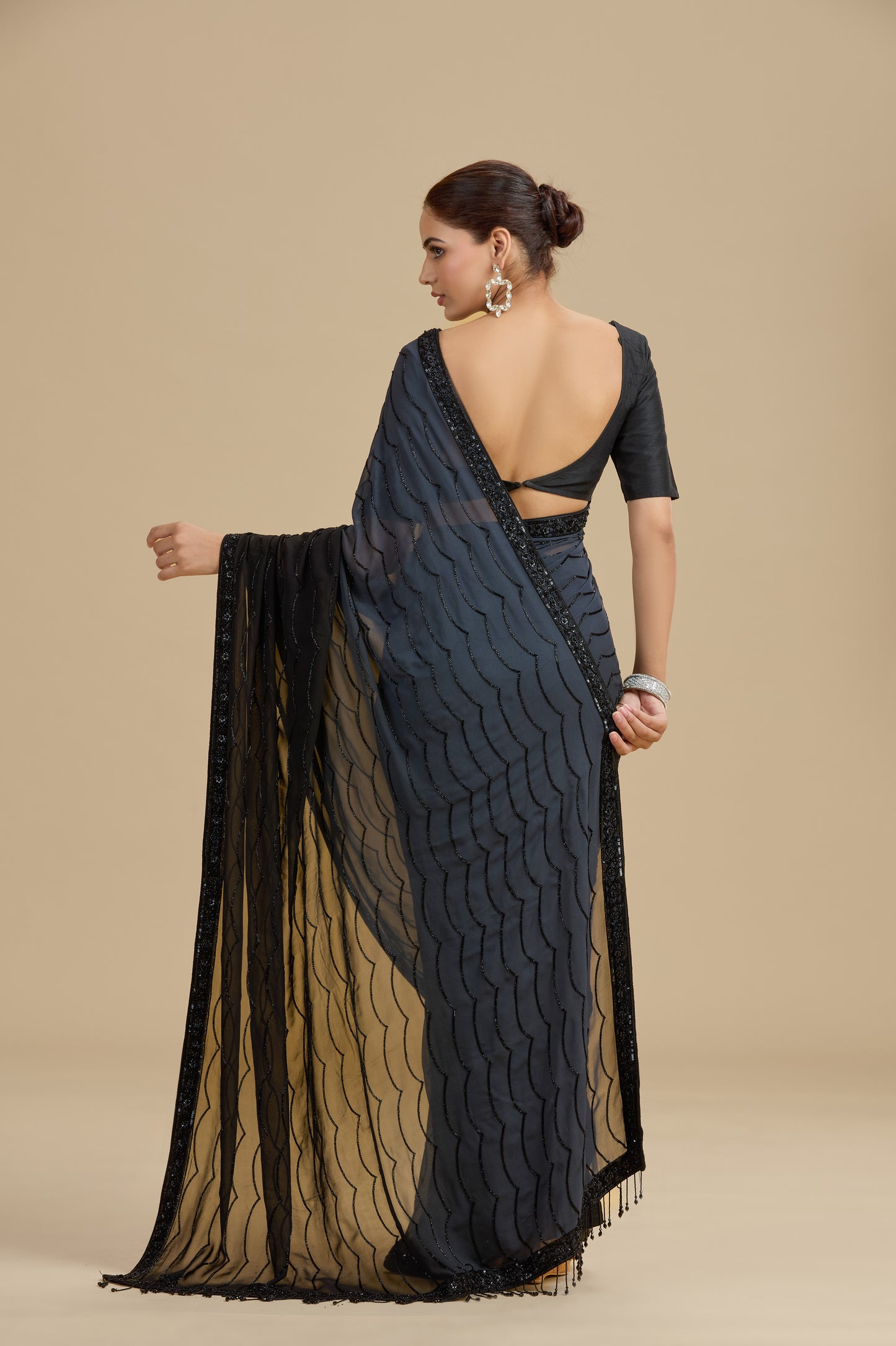 Black and Grey Shaded Georgette Saree with Unstitched Blouse