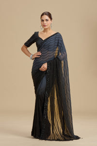 Black and Grey Shaded Georgette Saree with Unstitched Blouse