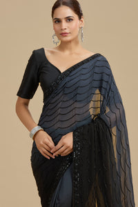 Black and Grey Shaded Georgette Saree with Unstitched Blouse