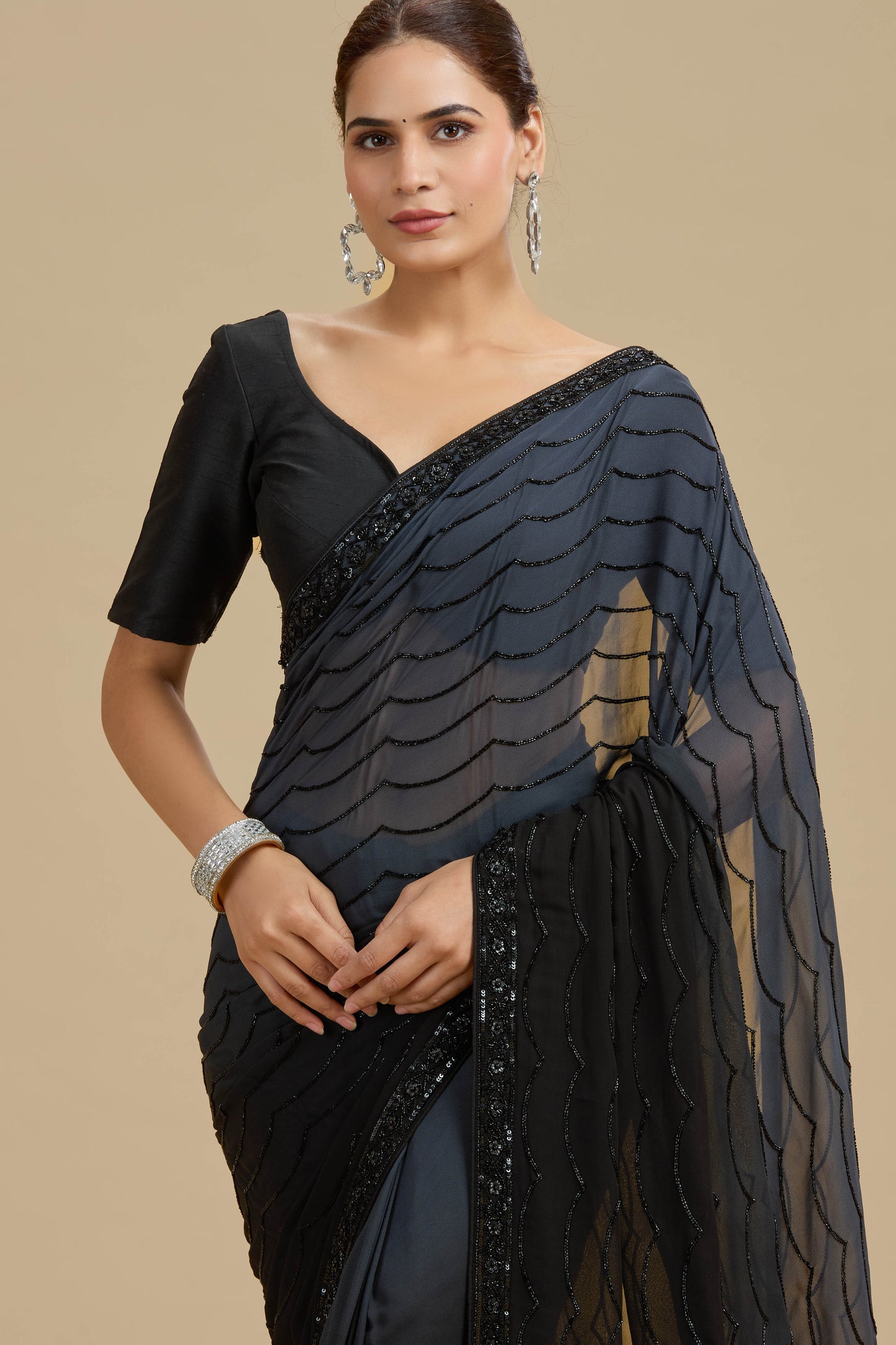 Black and Grey Shaded Georgette Saree with Unstitched Blouse